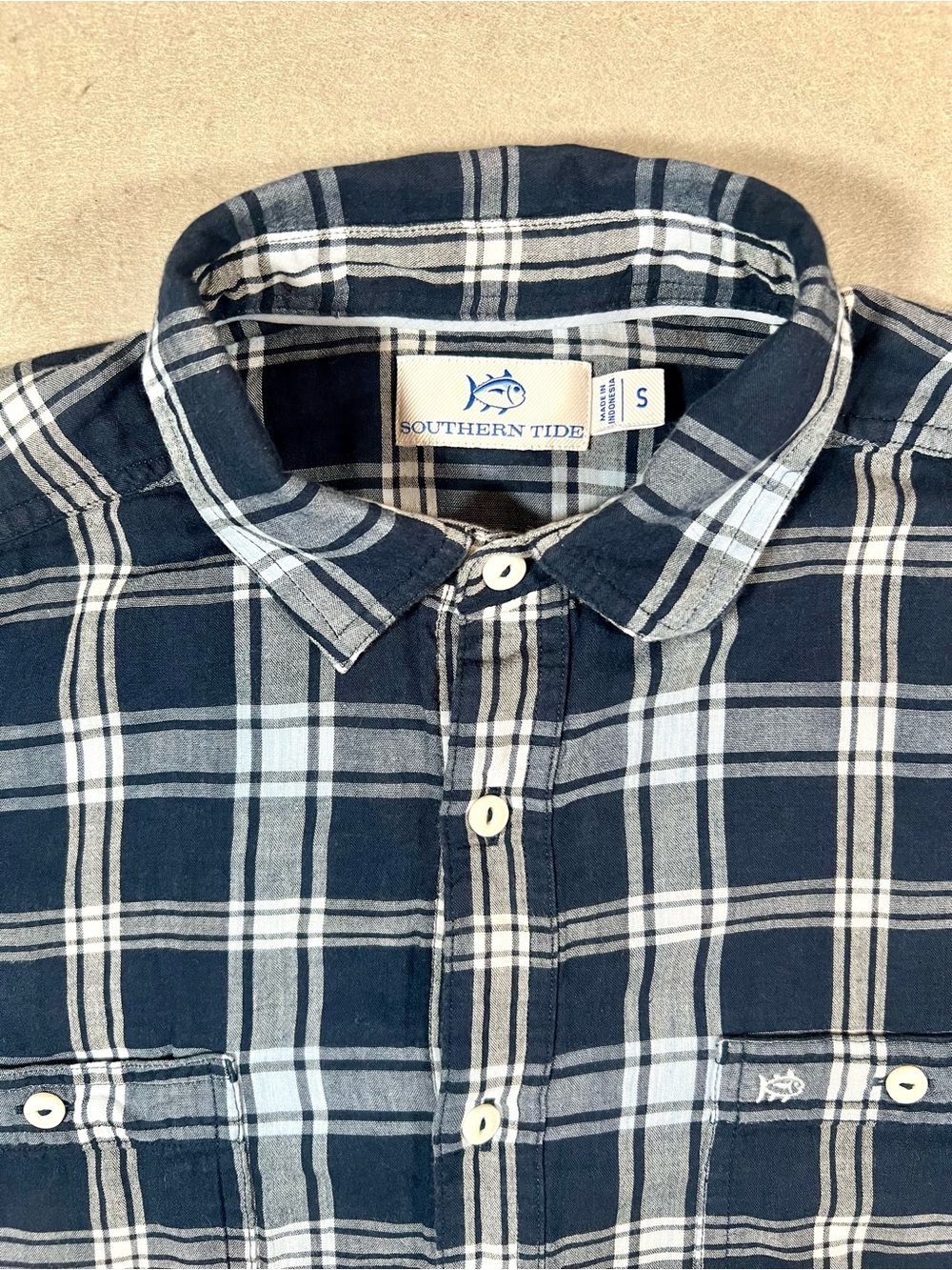 Southern Tide Men’s S Plaid Button Down Shirt Blue White Cotton Long Sleeve